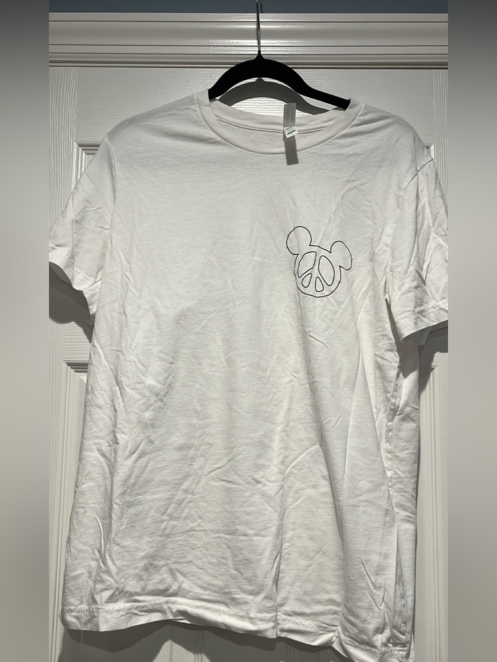 Bella Canvas White Short-Sleeve Tee with Black Outline Disney Mickey peace sign